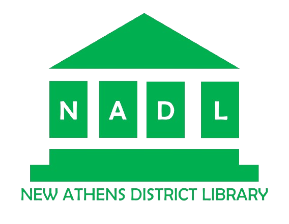 Logo for New Athens District Library- green outline of building on a white background with the library