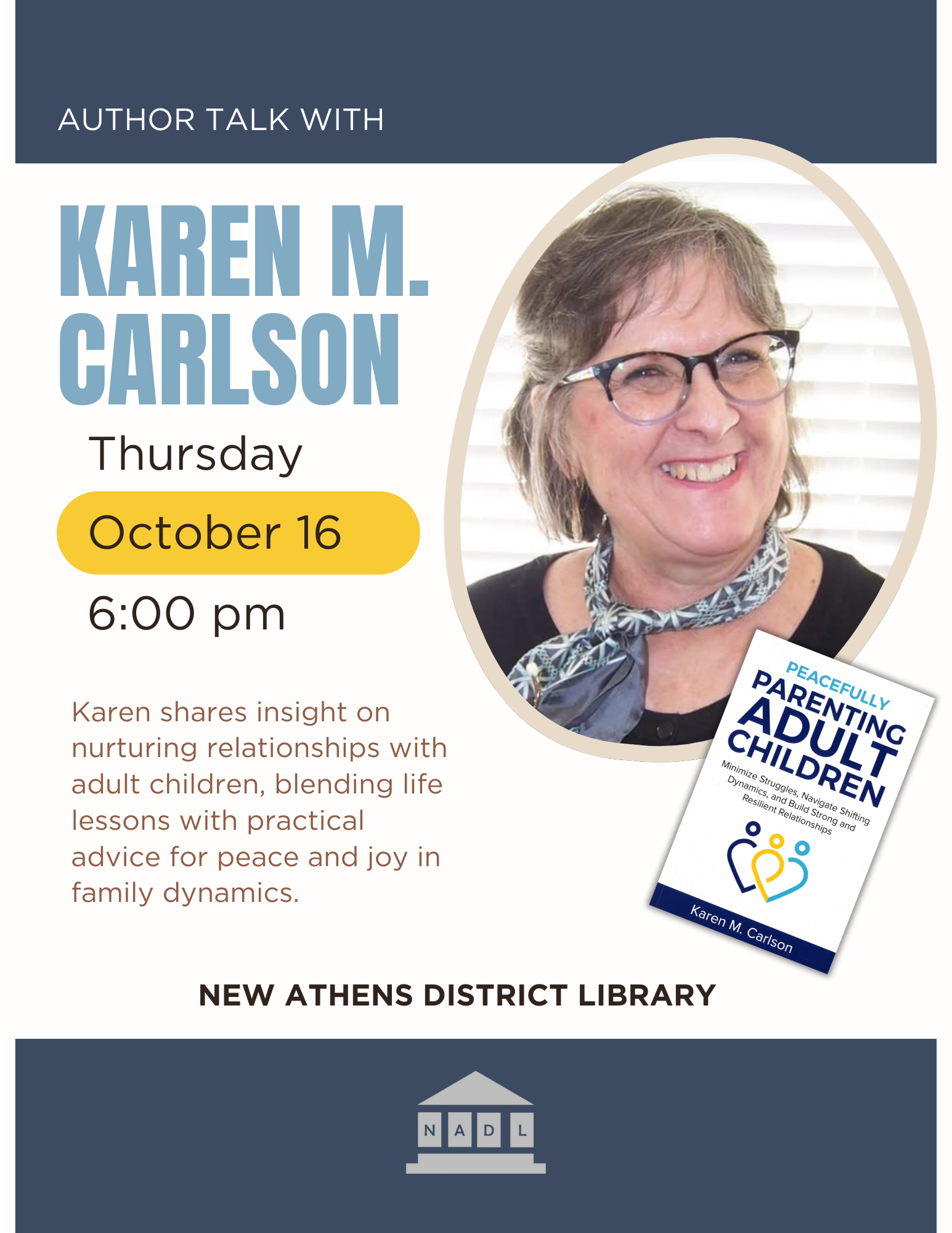 blue and white background with photo of Karen Carlson and her book, "Peacefully Parenting Adult Children" and the text in the caption