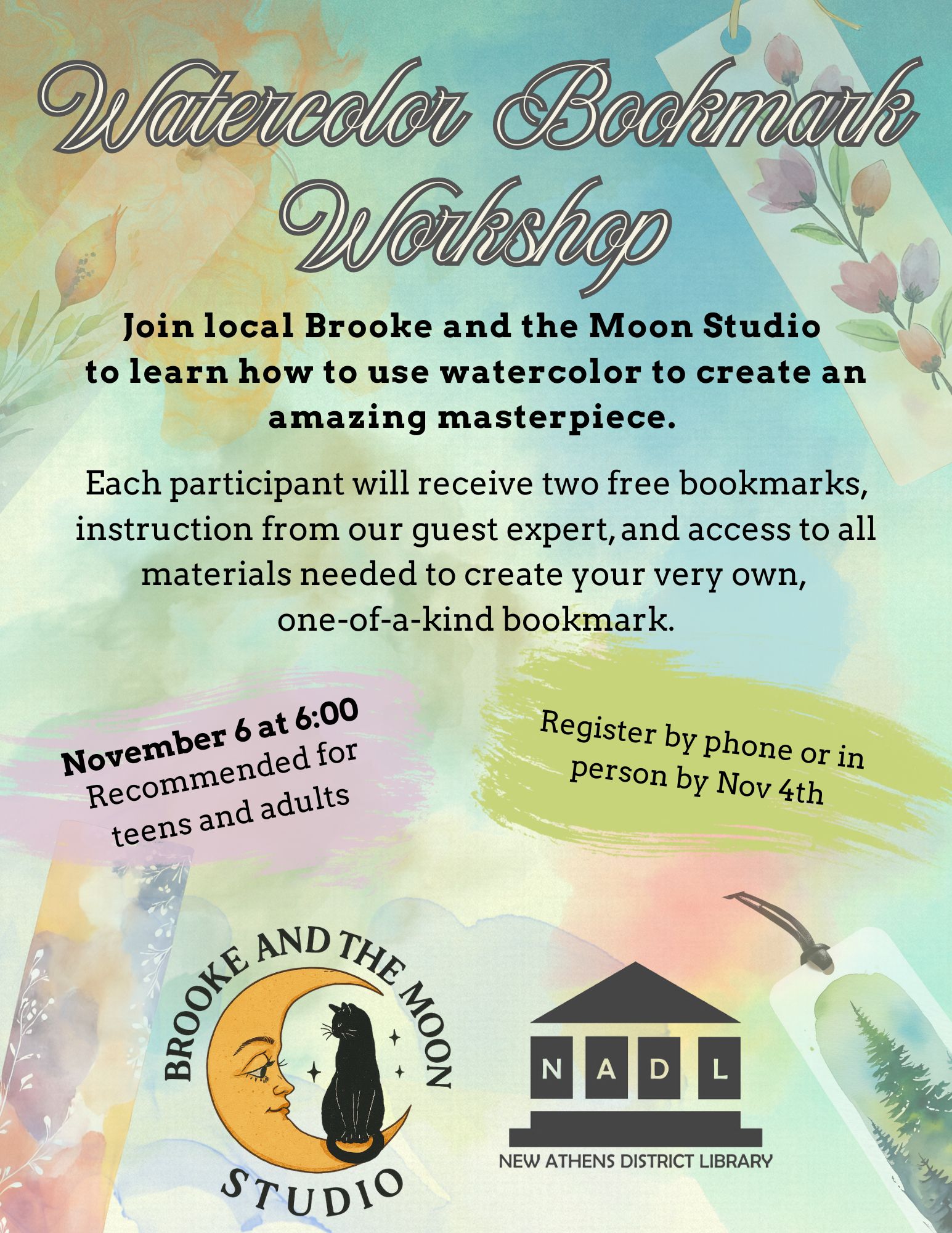 many colored watercolor background with text found in caption. photo of the logo of Brooke and the moon studio