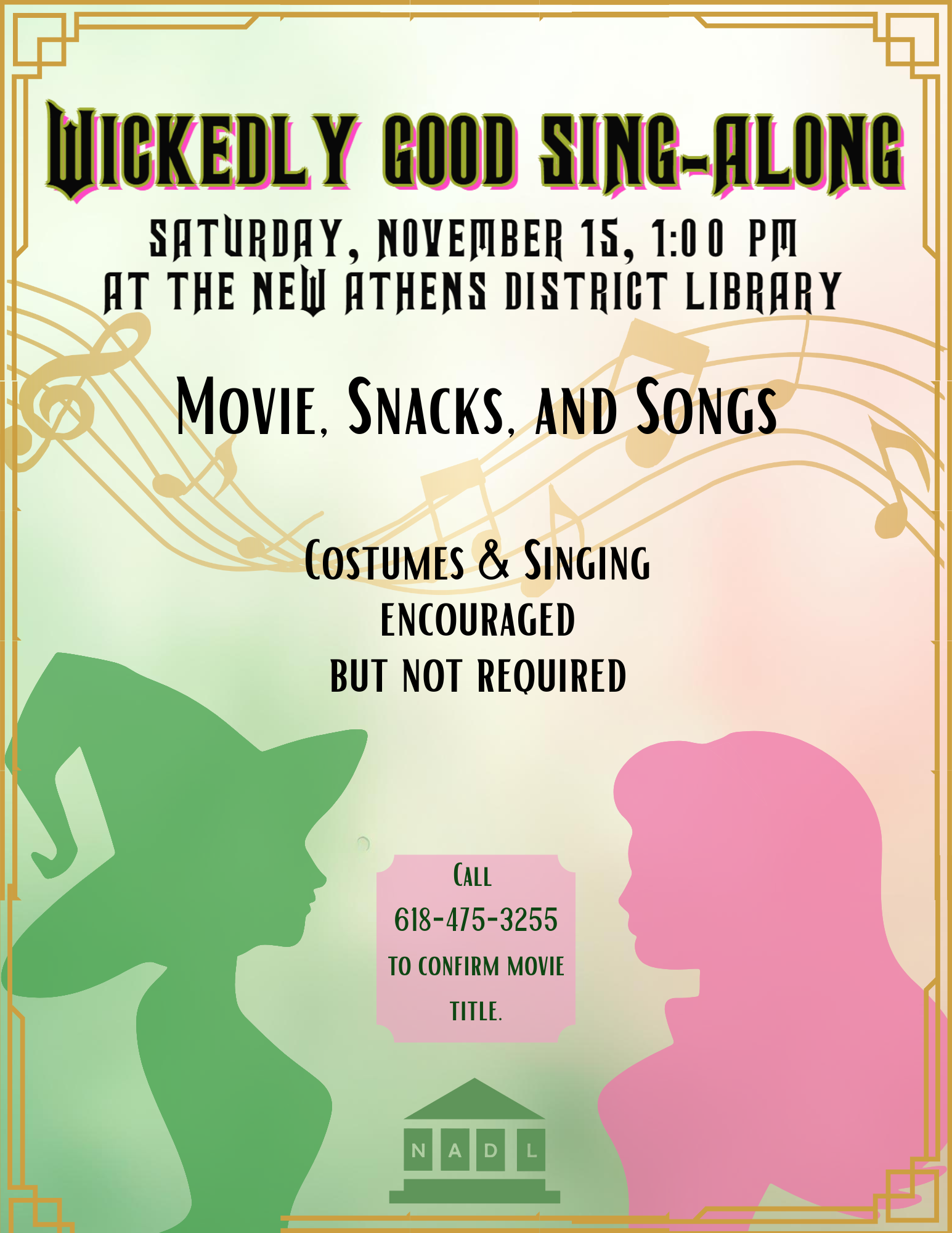 Green and pink background with gold art deco border and gold music staff. a green witch silhouette and a pink girl silhouette face each other and contains the text found in caption