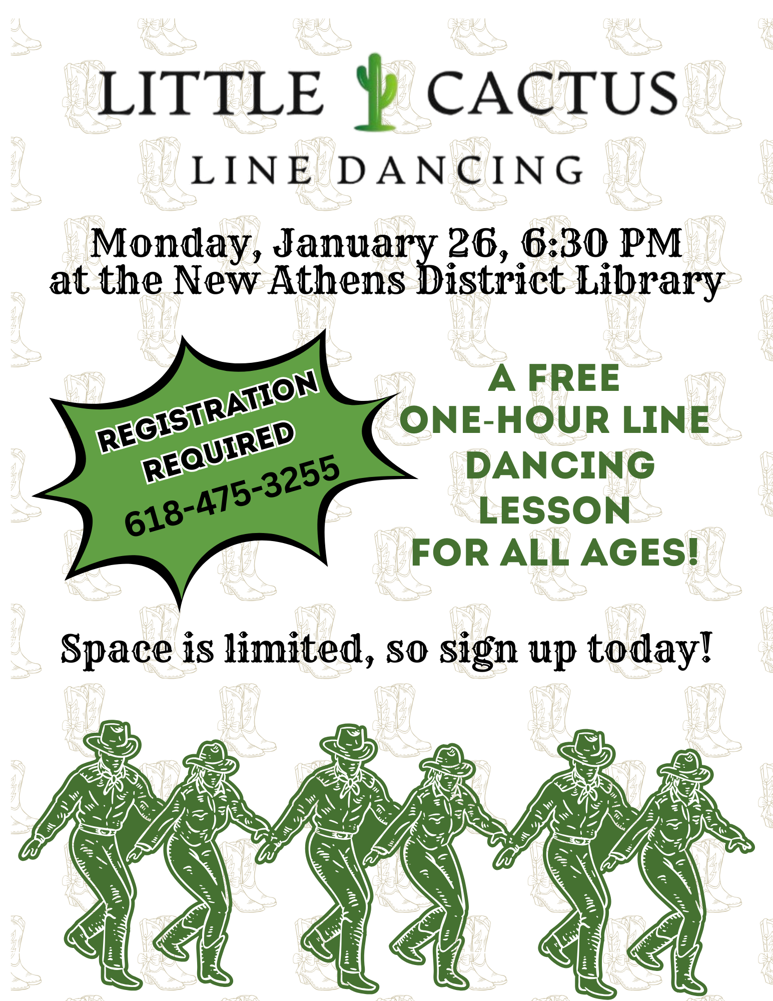 white background with small western style boots. black and green words. available in caption. green graphics of couples line dancing at bottom of page
