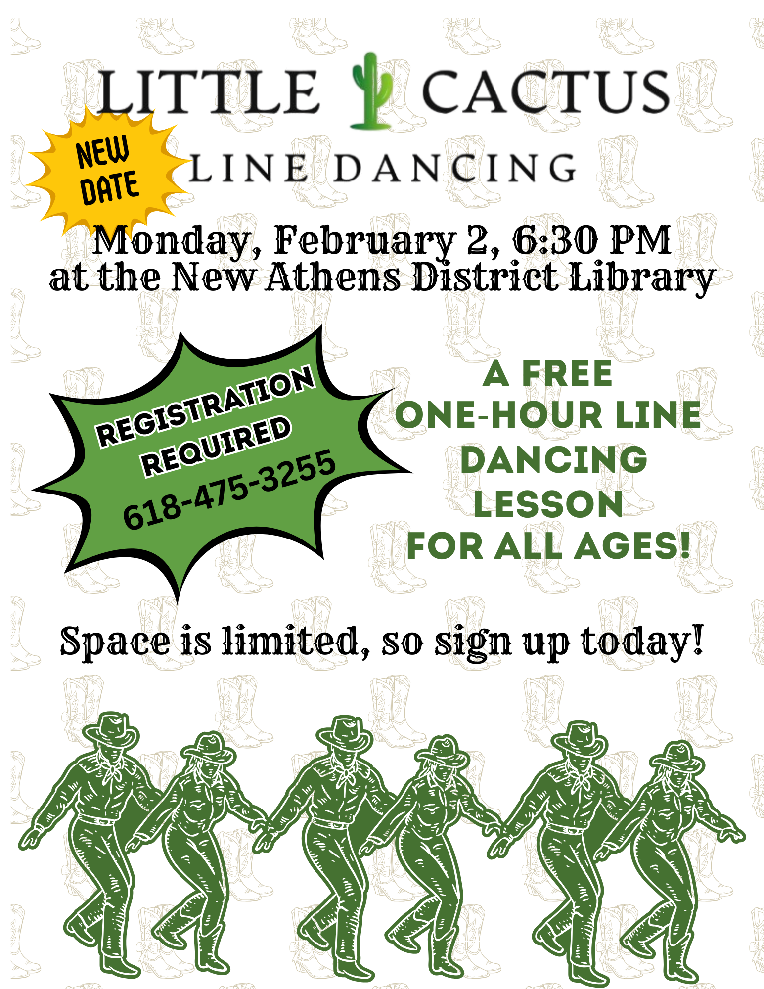 Flyer depiction line dancing people and the text in the caption
